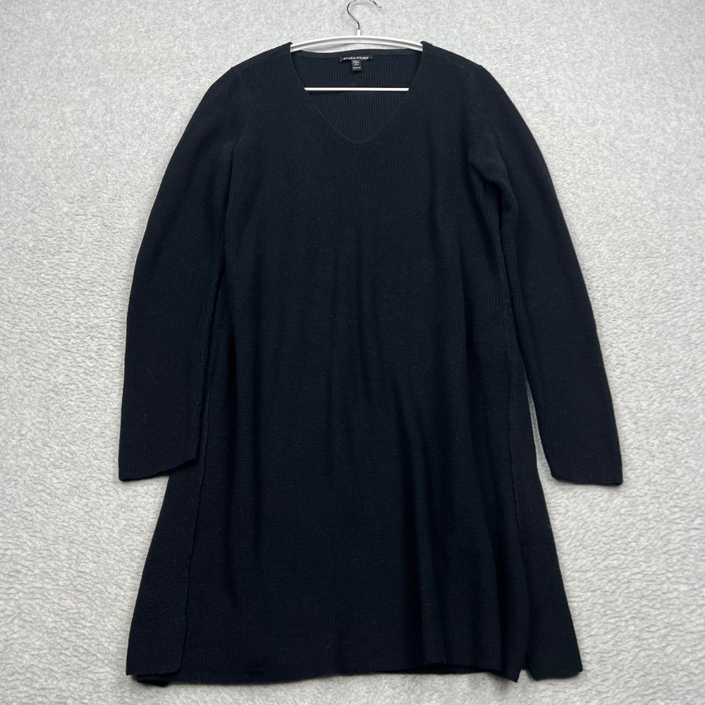 Eileen Fisher Sweater Dress Womens XXS Black V-Neck Organic Cotton Ribbed Knit